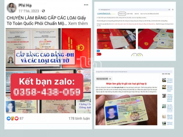 Các đối tượng đăng thông tin nhận làm giấy tờ giả công khai trên các trang web và mạng xã hội.