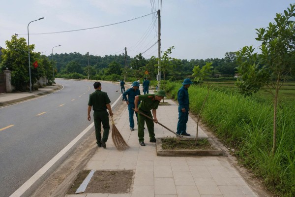 Công an xã Thành Công chung tay chỉnh trang cảnh quan đô thị