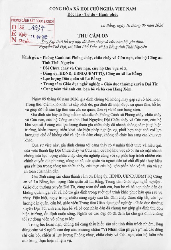 Thư cảm ơn lực lượng Cảnh sát phòng cháy, chữa cháy và cứu nạn, cứu hộ