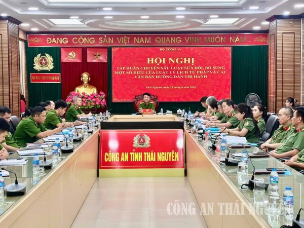 Toàn cảnh hội nghị tại điểm cầu Công an tỉnh Thái Nguyên.