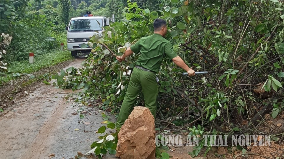 Công an xã Xuân Dương chủ động khắc phục hậu quả sau bão, bảo đảm an toàn giao thông